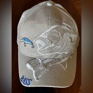 Bass Truckers Baseball Cap Hat. Light Tan with embroidered bass, line and lure!